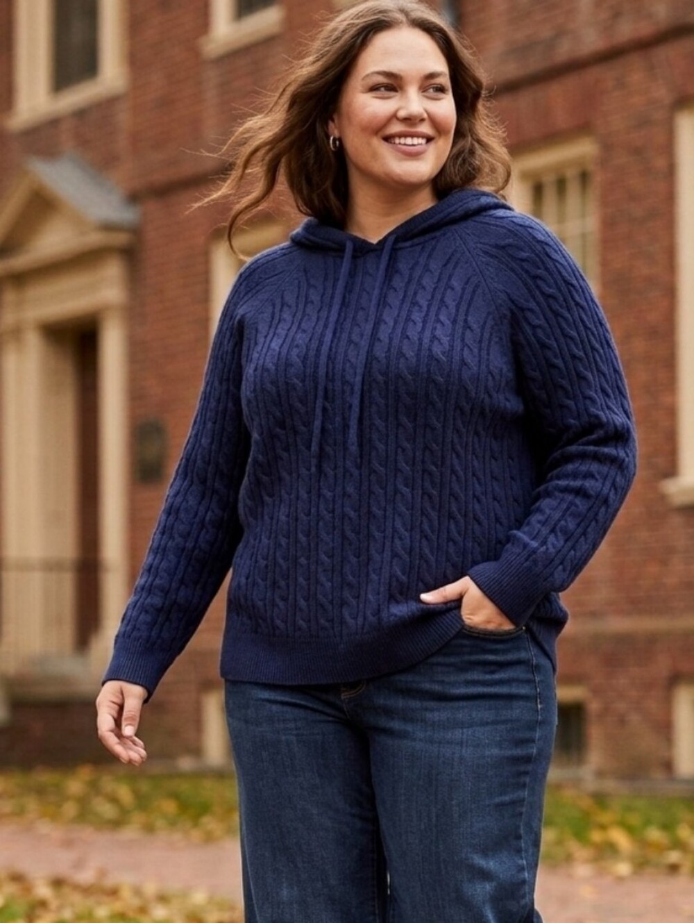 J Crew Navy Blue Cotton Cashmere Preppy Cable Knit Hoodie Sweater Plus Size 2X